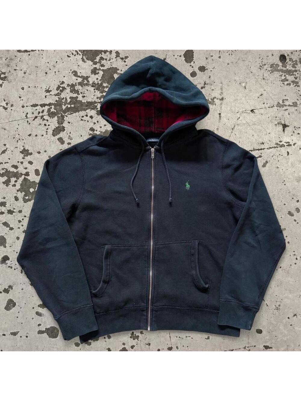 plad hood early 90s vintage Talon zipper Polo Ralph Lauren black zip up hoodie